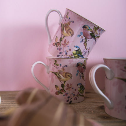 Caneca Porcelana Rosa Pássaros 330 ml